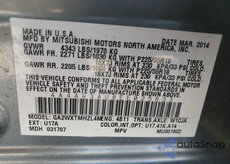 2014 Mitsubishi Outlander Sport Es из США, поврежденный, VIN 4A4AR3AU8EE025633